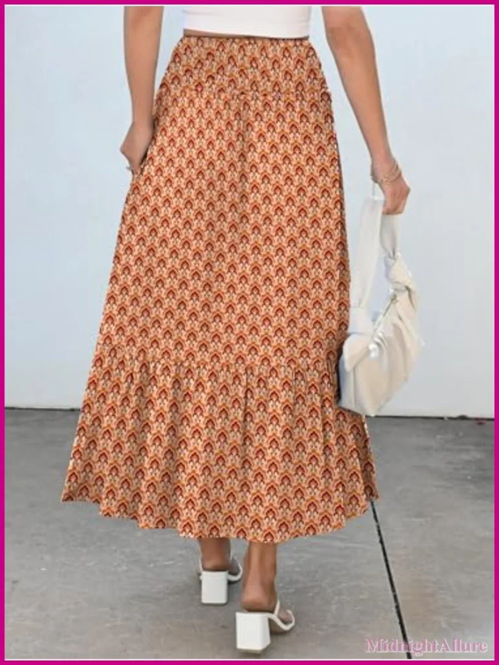 Boho Floral Maxi Skirt, High Waisted Tiered Flowy Beach Skirt with Pockets